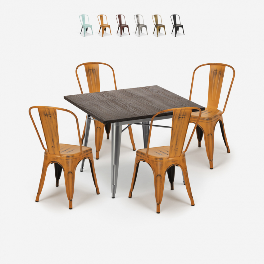 Burton spisebords 4 vintage stole og 80x80 cm firkantet stål bord