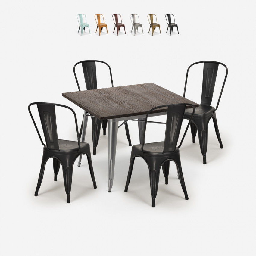 Burton spisebords sæt: 4 vintage stole og 80x80 cm firkantet stål bord Rabatter