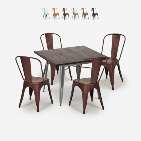 Burton spisebords sæt: 4 vintage stole og 80x80 cm firkantet stål bord