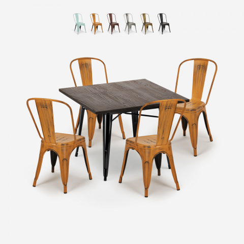 Burton Black spisebords sæt: 4 stole og 80 x 80 cm firkantet stål bord