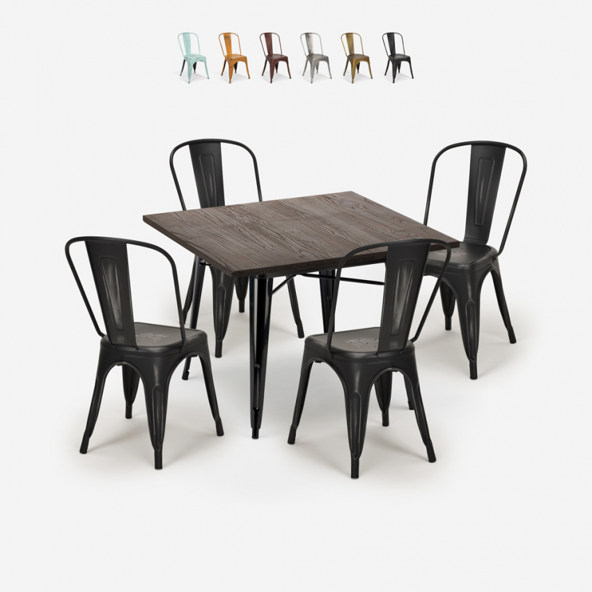Burton Black spisebords sæt: 4 stole og 80 x 80 cm firkantet stål bord Udsalg