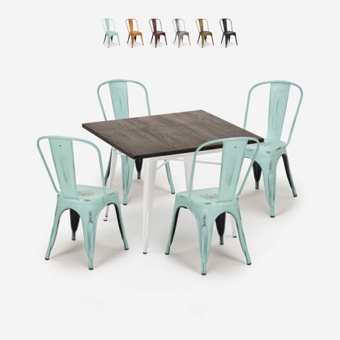 Burton White spisebords sæt: 4 stole og 80 x 80 cm firkantet stål bord