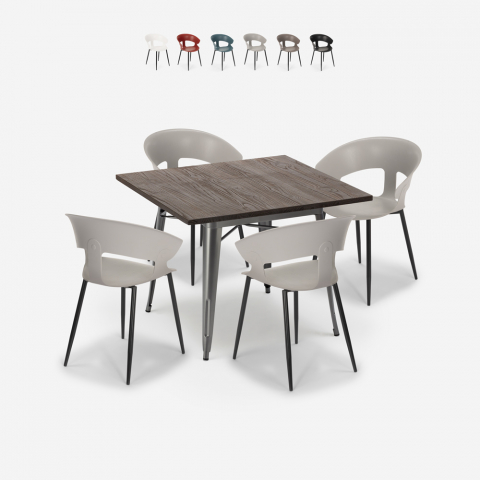 Reeve spisebords sæt: 4 farvet stole og 80 x 80 cm firkantet stål bord Kampagne