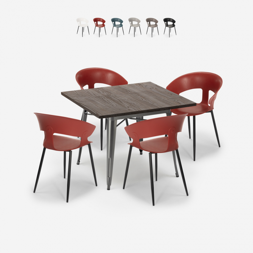 Reeve spisebords sæt: 4 farvet stole og 80 x 80 cm firkantet stål bord Udvalg