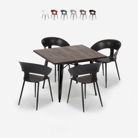 Reeve Black spisebords sæt: 4 stole og 80 x 80 cm firkantet stål bord