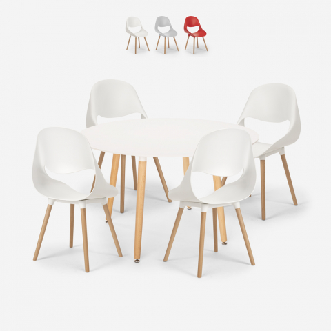 Midlan Light spisebords sæt 4 plast stole og 100cm rundt hvid træ bord Kampagne