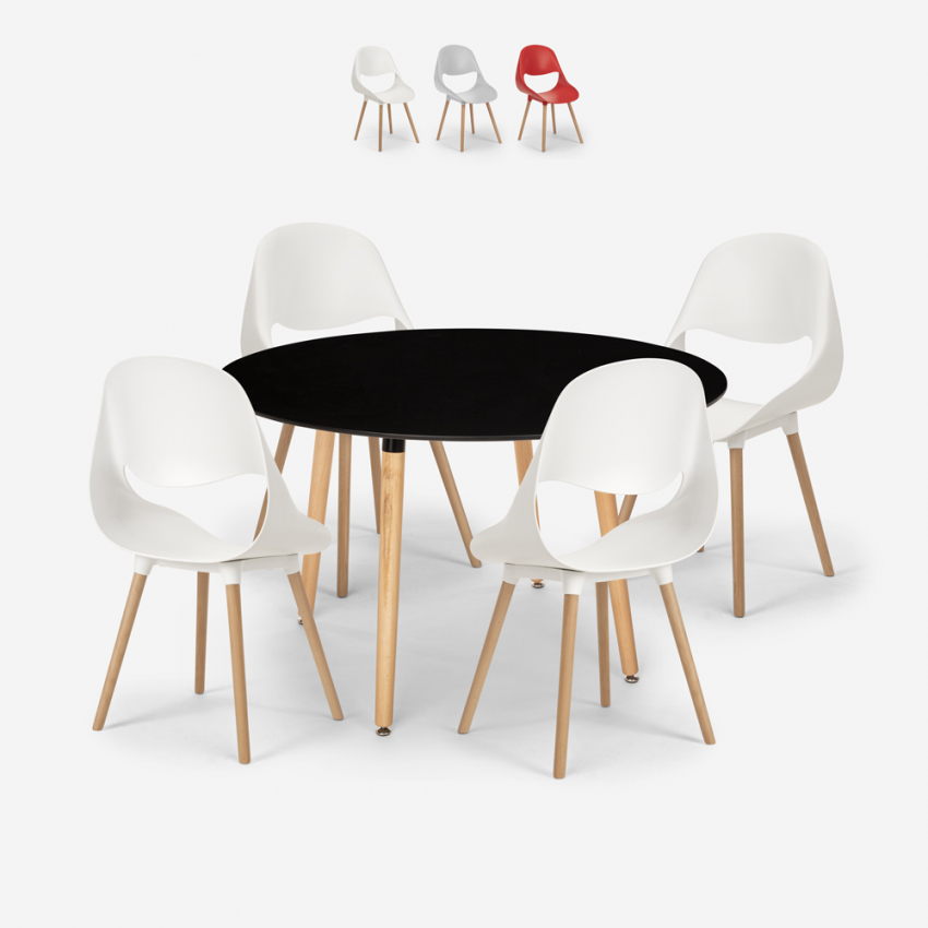 Midlan Dark spisebords sæt: 4 plast stole og 100cm rundt sort træ bord På Tilbud
