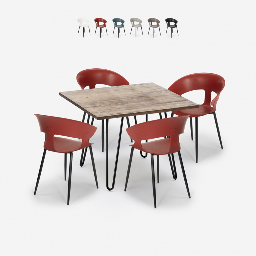 Maeve spisebords sæt: 4 farvet stole og 80 x 80 cm firkantet stål bord Kampagne