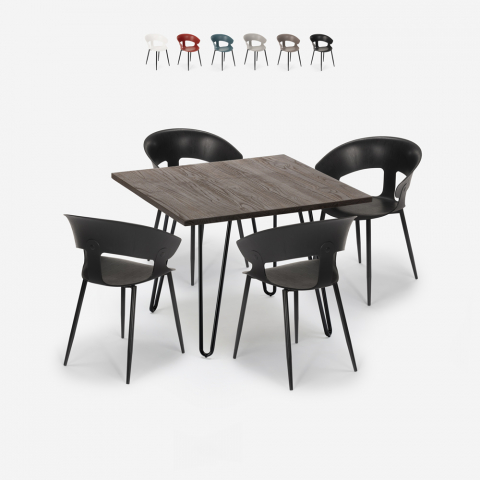 Maeve Dark spisebords sæt: 4 stole og 80 x 80 cm firkantet stål bord Kampagne