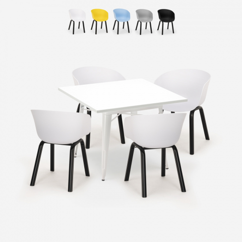 Krust Light spisebords sæt: 4 farvede stole og 80x80 cm hvid stål bord Kampagne
