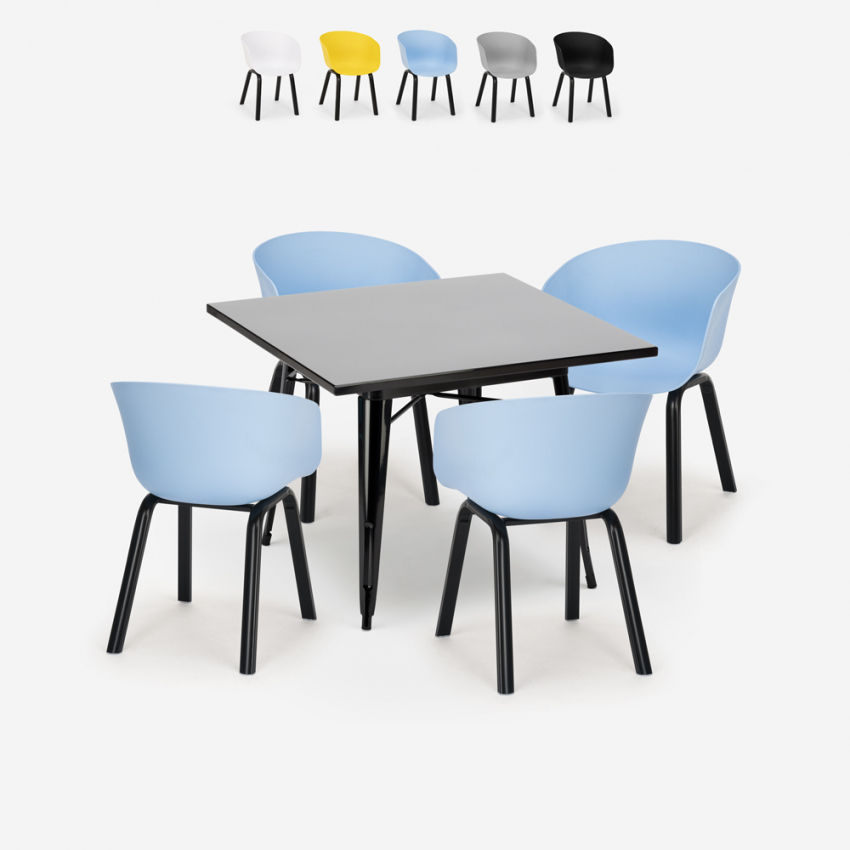 Krust Dark spisebords sæt: 4 farvede stole og 80x80 cm sort stål bord På Tilbud
