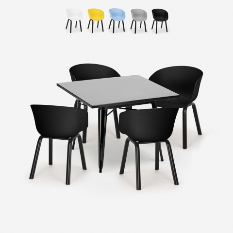 Krust Dark spisebords sæt: 4 farvede stole og 80x80 cm sort stål bord Kampagne