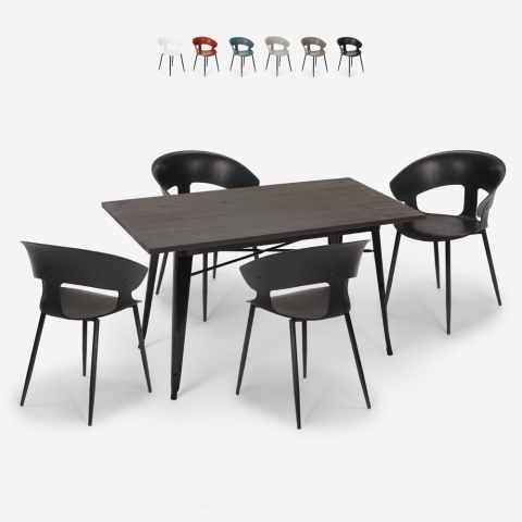 Tecla spisebords sæt: 4 farverige stole og 120 x 60 cm træ stål bord