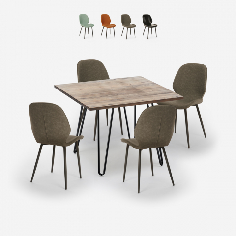 Wright spisebords sæt: 4 farvede læder stole og 80x80 cm træ stål bord Kampagne
