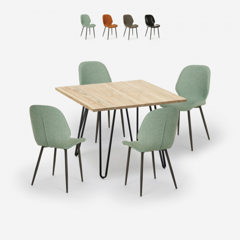 Wright Light spisebords sæt: 4 farvede stole og 80x80 cm træ stål bord Kampagne