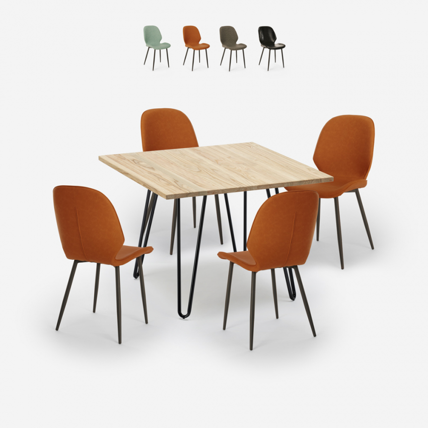 Wright Light spisebords sæt: 4 farvede stole og 80x80 cm træ stål bord Tilbud