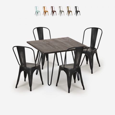 Hedges Dark spisebords sæt: 4 farvede stole og 80x80 cm stål træ bord