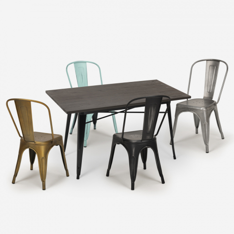 Lloyd spisebords sæt: 4 farvede stole og 120x60 cm sort stål træ bord Kampagne