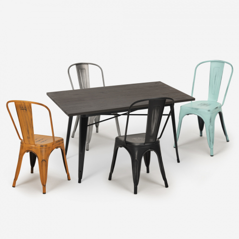 Harvey spisebords sæt: 4 farvede stole og 120x60 cm sort stål træ bord Kampagne