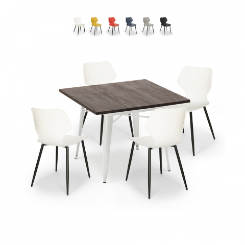 Howe Light spisebords sæt: 4 farvede stole og 80x80 cm stål træ bord