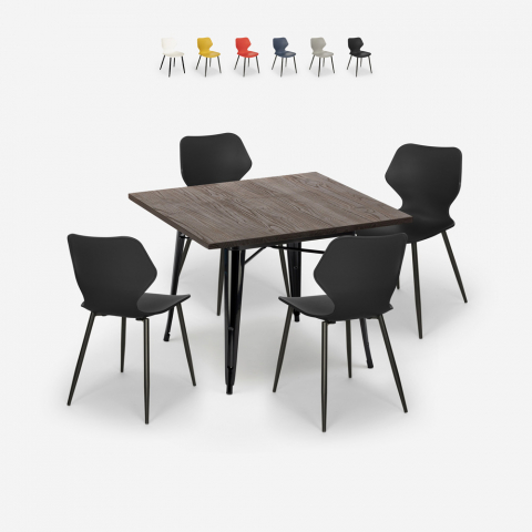 Howe Dark spisebords sæt: 4 farvede stole og 80x80 cm stål træ bord