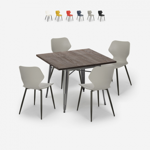 Howe spisebords sæt: 4 farvede stole og 80 x 80 cm stål træ borde