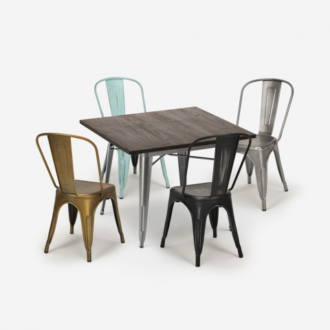 Almond spisebords sæt: 4 forskellig farvede stole og 80x80cm stål bord