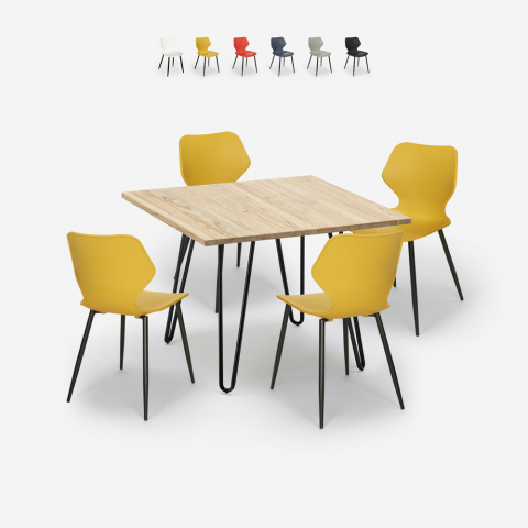 Sartis Light spisebords sæt: 4 farvede stole og 80x80cm stål træ bord Kampagne