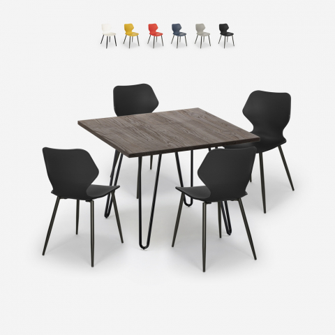 Sartis Dark spisebords sæt: 4 farvede stole og 80x80cm stål træ bord Kampagne