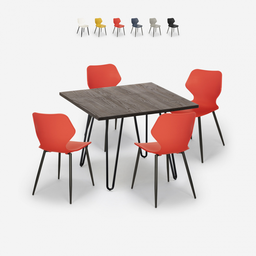 Sartis Dark spisebords sæt: 4 farvede stole og 80x80cm stål træ bord Udvalg
