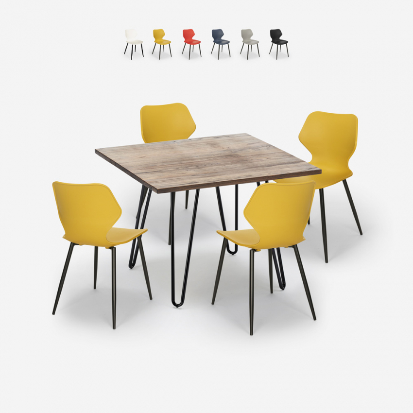 Sartis spisebords sæt: 4 farvede plast stole og 80x80 cm stål træ bord Udsalg Sartis spisebords sæt: 4 farvede plast stole og 80x80 cm stål træ bord Udsalg