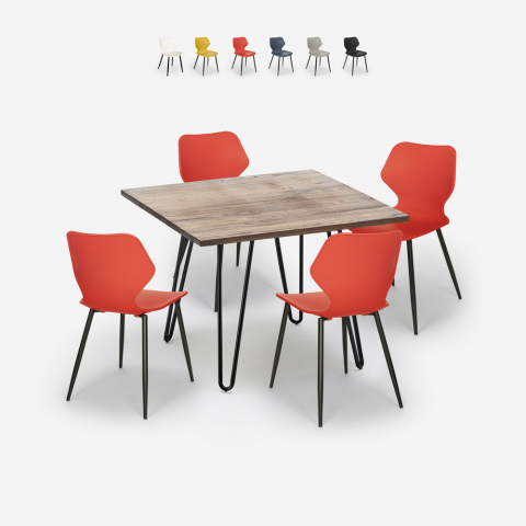 Sartis spisebords sæt: 4 farvede plast stole og 80x80 cm stål træ bord Kampagne