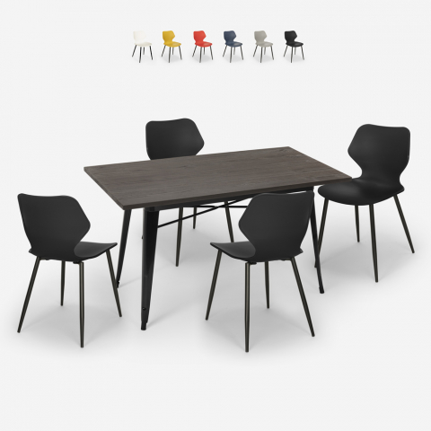 Bantum spisebords sæt: 4 farvede stole og 120x60 cm sort stål træ bord