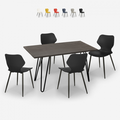 Palkis spisebords sæt: 4 farvede stole og 120x60 cm stål træ bord Kampagne