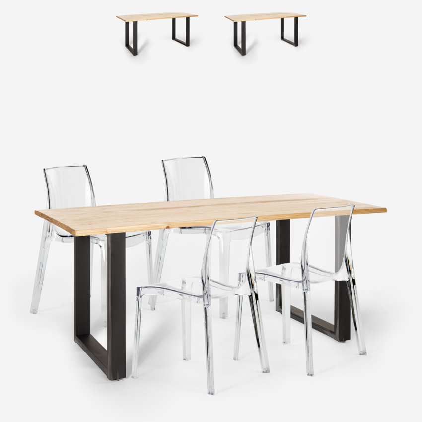 Hilton spisebords sæt: 4 gennemsigtige stole og 160x80cm stål træ bord Udsalg