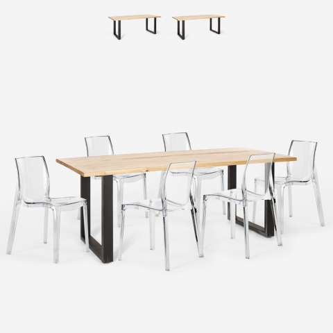 Lewis spisebords sæt: 6 gennemsigtige stole og 200x80 cm træ bord Kampagne