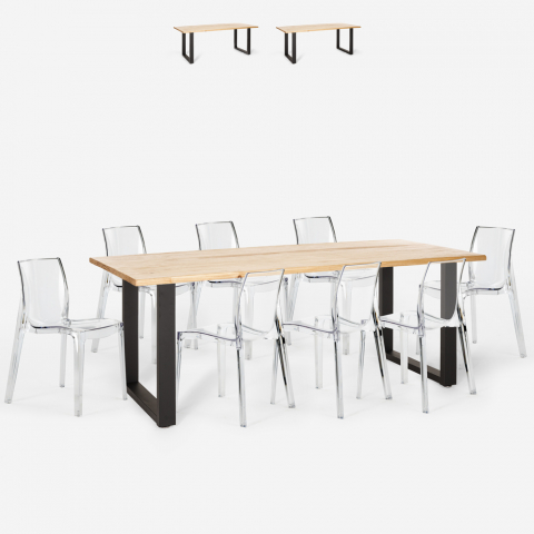 Virgil spisebords sæt: 8 gennemsigtige stole og 220x80 cm træ bord Kampagne