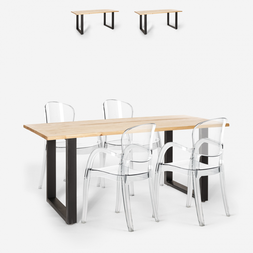 Jaipur M spisebords sæt: 4 gennemsigtige stole og 160x80 cm træ bord Mængderabat