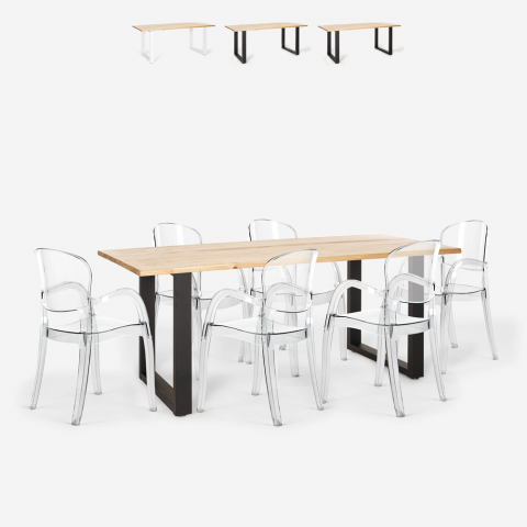 Jaipur L spisebords sæt: 6 gennemsigtige stole og 180x80 cm træ bord