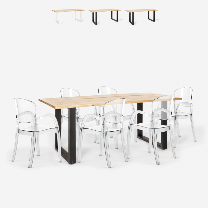 Jaipur L spisebords sæt: 6 gennemsigtige stole og 180x80 cm træ bord På Tilbud