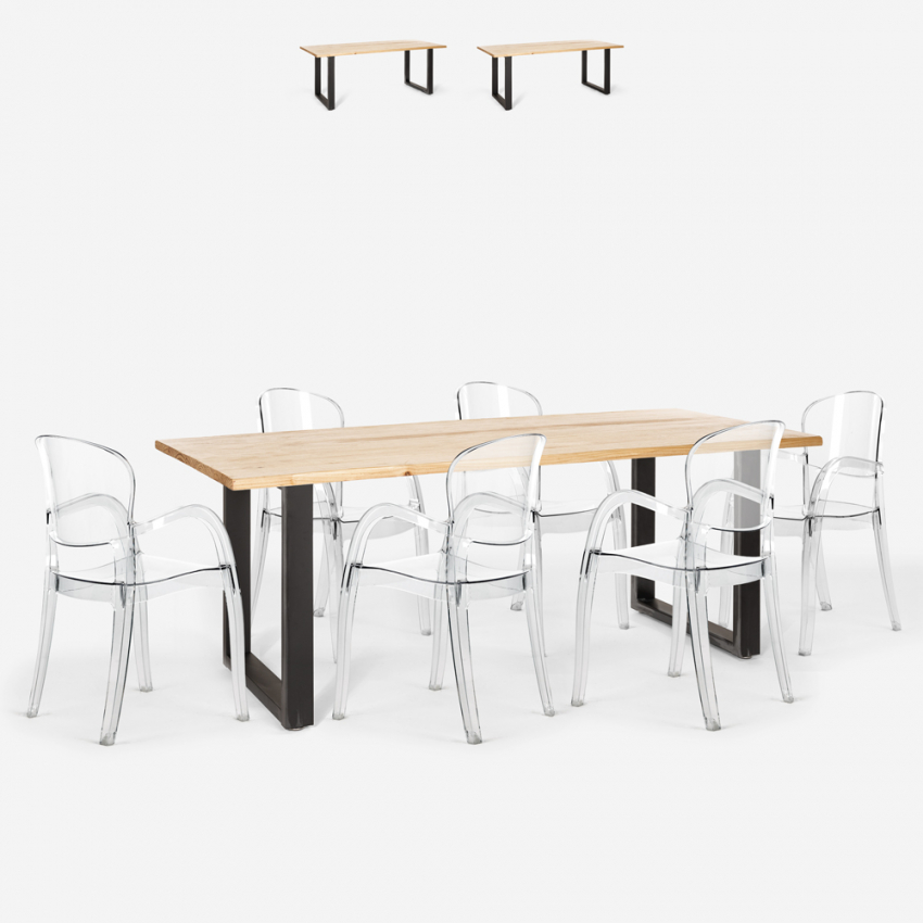 Jaipur XL spisebords sæt: 6 gennemsigtige stole og 200x80 cm træ bord Udsalg