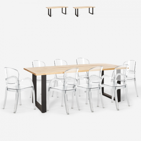 Jaipur XXL spisebords sæt: 8 gennemsigtige stole og 220x80 cm træ bord