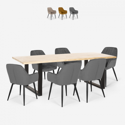 Samsara XL1 spisebords sæt: 6 fløjlsbetræk stole og 200x80 cm træ bord