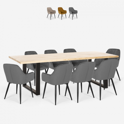 Samsara XXL1 spisebords sæt: 8 fløjlsbetræk stole og 220x80cm træ bord
