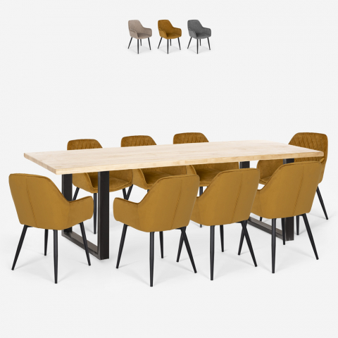 Samsara XXL2 spisebords sæt: 8 fløjlsbetræk stole og 220x80cm træ bord Kampagne