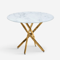 Aurum lille rundt spisebord 100 cm hærdet glas marmoreffekt gyldne ben På Tilbud