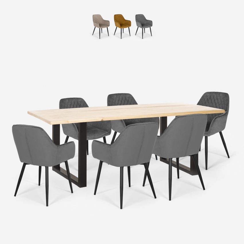 Samsara L1 spisebords sæt: 6 fløjlsbetræk stole og 180x80 cm træ bord På Tilbud
