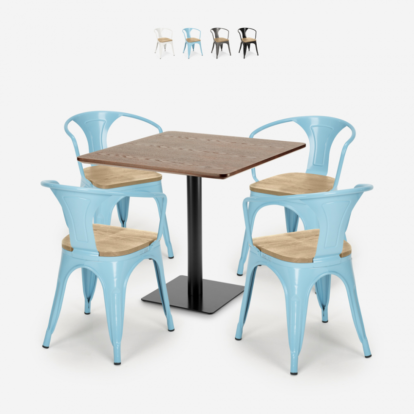 Dunmore cafebord sæt: 4 industrielt farvet stole og 90x90 cm træ bord På Tilbud