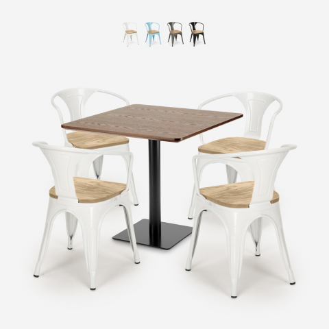 Dunmore cafebord sæt: 4 industrielt farvet stole og 90x90 cm træ bord Kampagne
