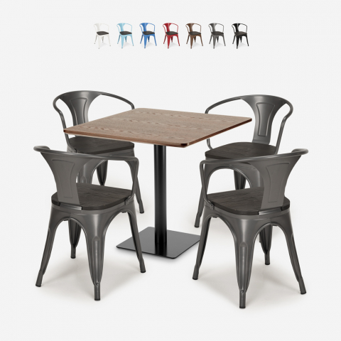 Burke cafebord sæt: 4 industrielt farvet stole og 90x90 cm træ bord Kampagne
